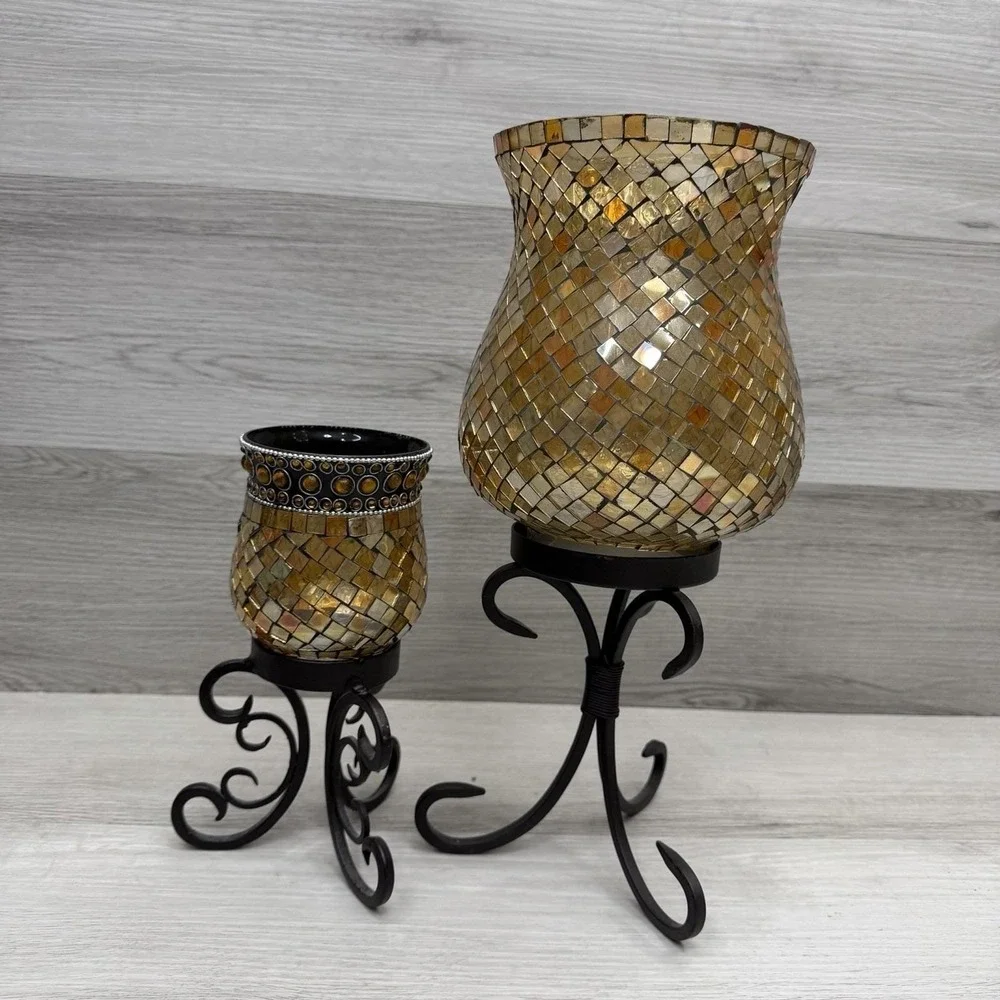 Gold Mosaic Glass Candle Holders Set 2 Iron Stands Boho Decor